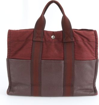 Herm&egrave;s Red Color Wine Leather Canvas Tote Bag (Pre-Owned)