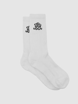 Reiss White Monogram Cotton-blend Ribbed Socks, S & M