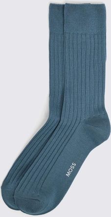 Moss Steel Blue Fine Ribbed Socks