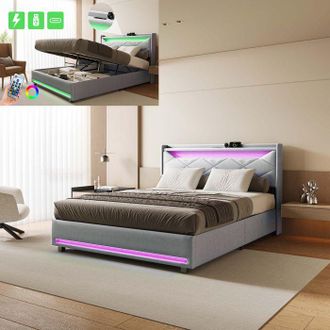 OEM Cama Lit 140x200 Cm Gris En Lino Con Led Y Puertos Usb/type-c, Somier De Lamas