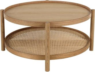 Macabane Mesa de centro de madera de mindi 80,5 cm con estante de rat&aacute;n natural