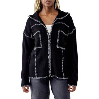 BDG Blanket Stitch Hooded Cardigan in Black at Nordstrom, Size Large