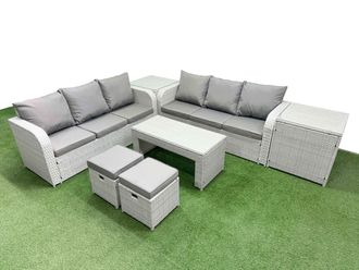 Fimous Outdoor Garden Furniture Sets 8 Seater Wicker Rattan Furniture Sofa Sets w/ Oblong Coffee Table high Back Lounge Sofa Stools 2 Side Table