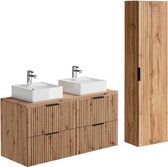 Vente-Unique Mueble de ba&ntilde;o suspendido con lavabo sobre encimera y armario - Natural claro - 120 cm - ZEVARA
