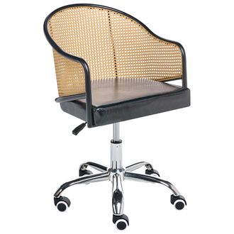 Beliani Silla De Oficina Retro De Piel Sint&eacute;tica Respaldo De Rat&aacute;n Sint&eacute;tico Trenza Vienesa Giratoria Ajustable Negro Redding