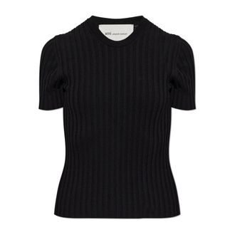 Ami Round-neck Knitwear, female, Black, Size: XS Pleated Top
