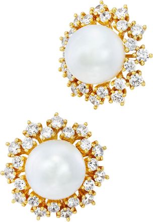 Savvy Cie Jewels GOLD PLATED OVER BRASS SHELL PEARL AND WHITE CZ STUD EARRINGS