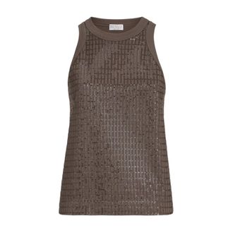 Brunello Cucinelli Sleeveless Tops, female, Brown, M, Check Embroidery Crew Neck Sleeveless Top