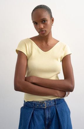 Topshop Double V-Neck Rib Knit Top in Buttermilk at Nordstrom, Size X-Small