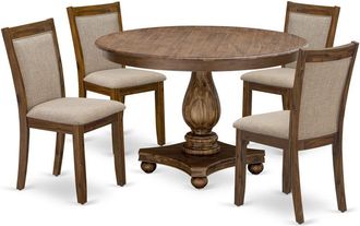 East West Furniture F2MZ5-N04 5-Pc Kitchen Dining Table Set - Pedestal Table and 4 Light Tan Parson Chairs with High Back - Antique Walnut Finish