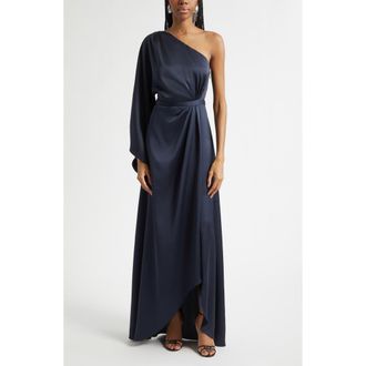 Ramy Brook Opal One-Shoulder Single Long Sleeve Satin Gown in Navy at Nordstrom, Size 00