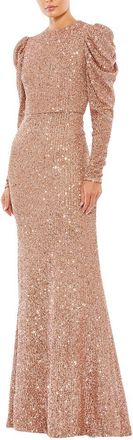 Mac Duggal High Neck Puff Long Sleeve Column Gown
