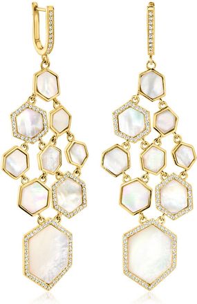 Ross-Simons Mother-Of-Pearl and White Topaz Chandelier Earrings in 18kt Gold Over Sterling