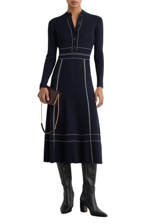 Reiss Charlie Long Sleeve Midi Dress in Navy at Nordstrom, Size Large
