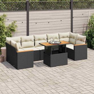 vidaXL Set Sof&aacute;s Jard&iacute;n Y Cojines 8 Pzas Rat&aacute;n Sint&eacute;tico Acacia Negro Vidaxl