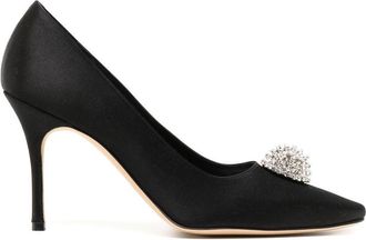 Manolo Blahnik Hangisi 90mm appliqué satin pumps - women - Viscose/Leather/Leather - 39 - Black