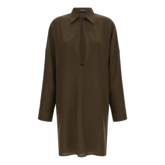 Tom Ford Silk Crepe de Chine Tunic Dress with Leather Details and TF Debossed Logo - female - Tom Ford - Tunics - Green - 2XS - Blouses & Shirts