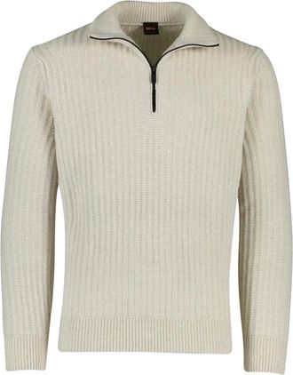 HUGO BOSS Truien & Vesten, Heren, Beige, L, Wol, Half Zip Sweater