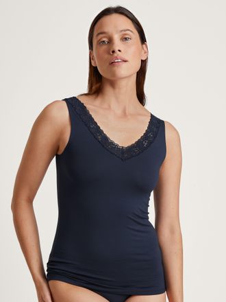 CALIDA Tanktop CALIDA Natural Comfort Lace, Damen, Gr. XS (36/38), blau (dunkelblau), Single Jersey, Obermaterial: 92% Baumwolle, 8% Elasthan, unifarben, nor