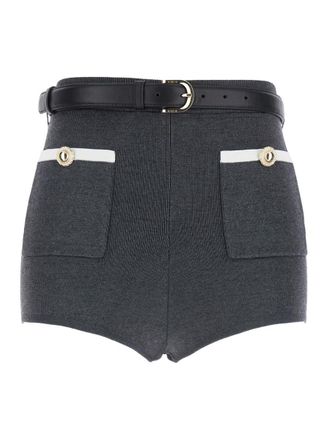 Self Portrait Grey Belted Shorts With Two Front Patch Pockets In Wool Woman