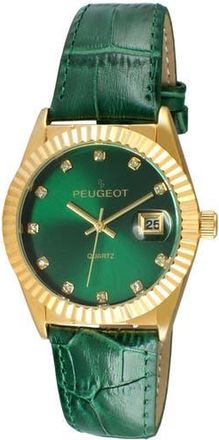 Peugeot Luxury Fluted Bezel Calendar Leather Watch - 36MM in Green at Nordstrom