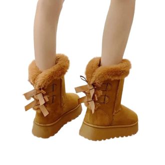 Generic YUJIEBB Winter Thick-Soled Mid-Tube Snow Boots Bow Furry Mouth Plus Fluffy Thick Cotton Boots Casual Everything Beige