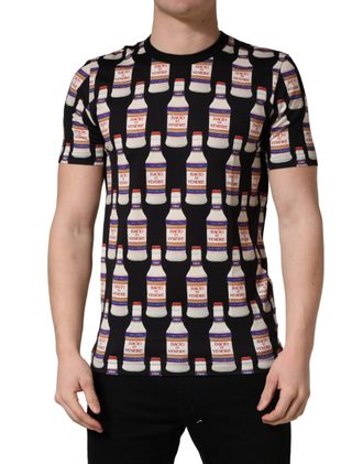Dolce & Gabbana Mens Black Bottle Print Cotton Crew Neck T-Shirt