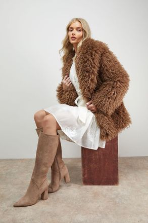 Oasis Womens Jemima Faux Suede High Block Heel Pointed Knee Boots - Taupe - Size UK 8