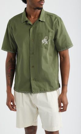 Service Works Border Embroidered Short Sleeve Button-Up Shirt in Olive at Nordstrom, Size Xx-Large
