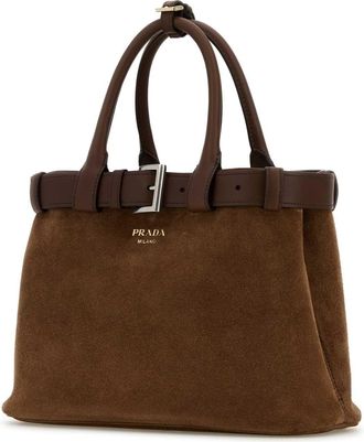 Prada Womens Brown Suede Prada Buckle Medium Handbag Cacao Vitello Borse A Mano Bag