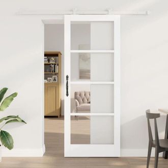 vidaXL Vidaxl Puerta Deslizante Con Juego De Hardware orkdalmadera S&oacute;lida Y Cristal Blanca