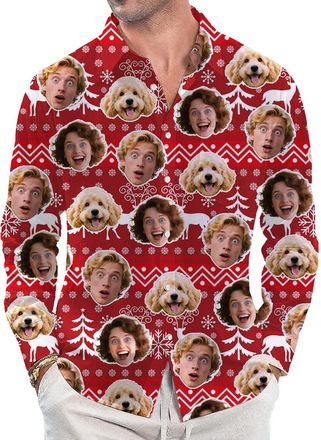 Generic Custom Christmas Hawaiian Shirt Men Women with Face Photo, Personalised Shirt Christmas Shirt Long Sleeve Button-Down with Pocket, Christmas Tops for 