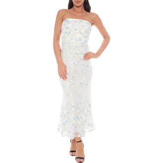 OLEG CASSINI 3D Floral Appliqu&eacute; Embroidered Mesh Dress in White /Blue at Nordstrom Rack, Size X-Large