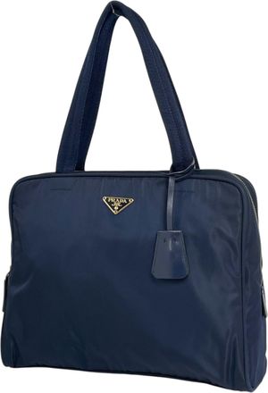 Prada Navy Nylon Leather Handbag Tote Bag (Pre-Owned)
