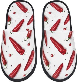 Generic Fluffy Slippers Chili Pepper Pattern Red Furry Plush Slippers Portable Cotton Slipper For Guest Room Bedroom Indoor L