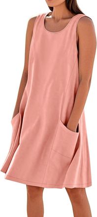 Generic Sleeveless Cotton Linen Dresses for Women UK Casual Summer Swing Short Sundress with Pockets Ladies Tank Vest Dress Plus Size My Orders Sale Clearance