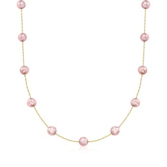Ross-Simons 6-6.5mm Pink Cultured Pearl Station Necklace in 14kt Yellow Gold