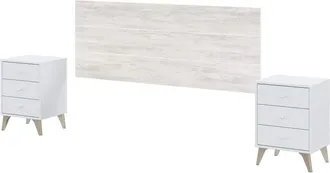 HOGAR 24 Conjunto de Cabecero y 2 mesitas con 3 cajones, para camas de 135 y 150 cm de ancho, Color Blanco Artik y Blanco Velho