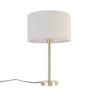 QAZQA Qazqa Dise&ntilde;o L&aacute;mpara De Mesa Cl&aacute;sica De Lat&oacute;n Con Pantalla Gris Claro 35 Cm - Simplo Acero /textil Redonda Adecuado Para Led Max. 1 X 40 Watt