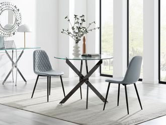 Furniturebox Novara 100cm Round Black Leg Dining Table & 2 Corona Black Leg Chairs in Grey