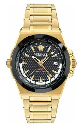 Versace Greca Reaction GMT Bracelet Watch, 44mm in Black/ip Yellow Gold at Nordstrom