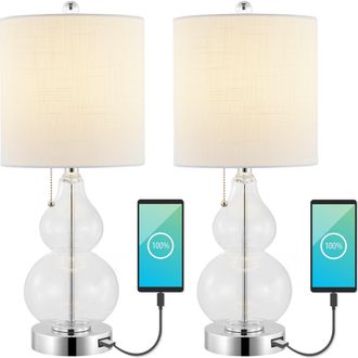 Jonathan Y Designs Cora 22 Classic Vintage Glass LED Table Lamp with USB Charging Port in Chrome/clear at Nordstrom