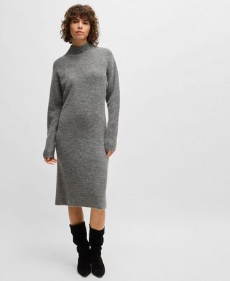 HUGO BOSS Womens C_Fagdassy Long Sleeve Relaxed-Fit Dress in Silver Wool - Size Medium