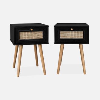 Sweeek Mesita De Noche De 1 Caj&oacute;n Con Efecto Madera Y Ca&ntilde;a, Set De 2