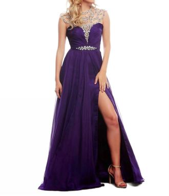 Mac Duggal Beaded Illusion Neck Gown With Overskirt In Deep Purple