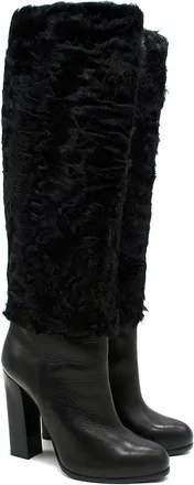 Dior Black Knee High Leather Boots with Fur Detail Size 38