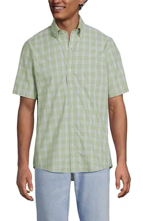 Lands End Short Sleeve No Iron Twill Shirt in Light Stone Green Plaid at Nordstrom, Size Lt