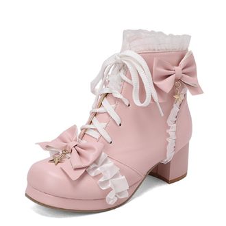 Generic Womens Round Toe PU Leather Ankle Boots Bow Pearl Chain Lace Up Ruffled Lace Trim Block Heels Soft Lining Cushioned Insole Durable Outsole,Pink,3.5 UK