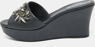 Rene Caovilla Ren&eacute; Caovilla Black Leather Crystal Embellished Platform Wedge Sandals