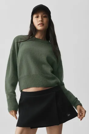Alo | Wool Cashmere Cropped New Class Crewneck Sweater Top in Bamboo Green, Size: Large
